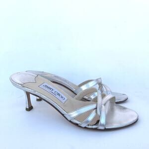 Vintage Y2K Jimmy Choo Strappy Kitten Heels Silver Metallic Low Pumps 6.5 Mules